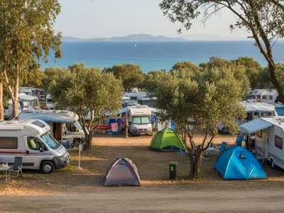 Camping ανάμεσα σε δέντρα κοντά στη θάλασσα